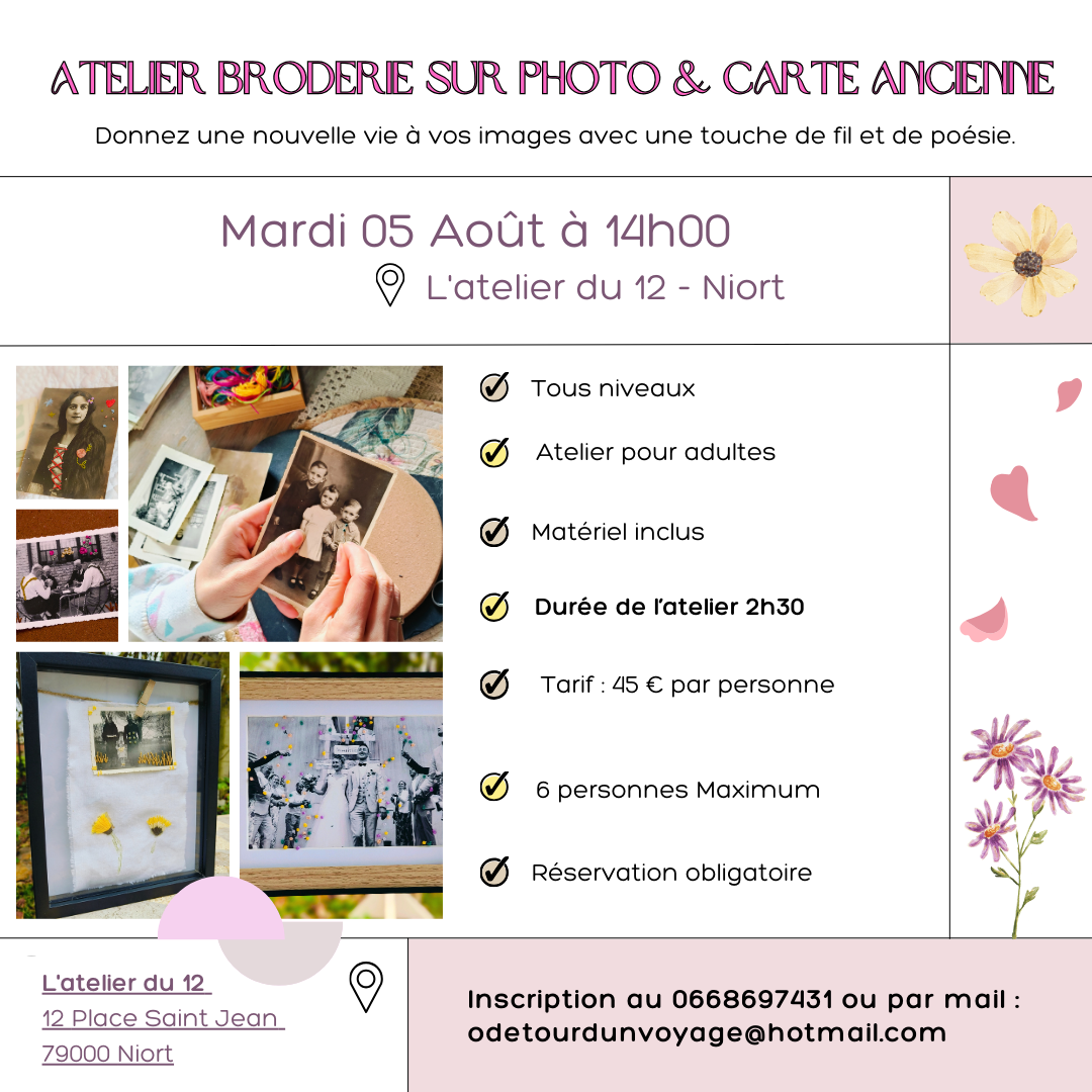 atelier broderie, broderie sur photo, atelier créatif vienne, nouvelle aquitaine, workshop, retraite créative, bien-être, nouvelle aquitaine, EVJF