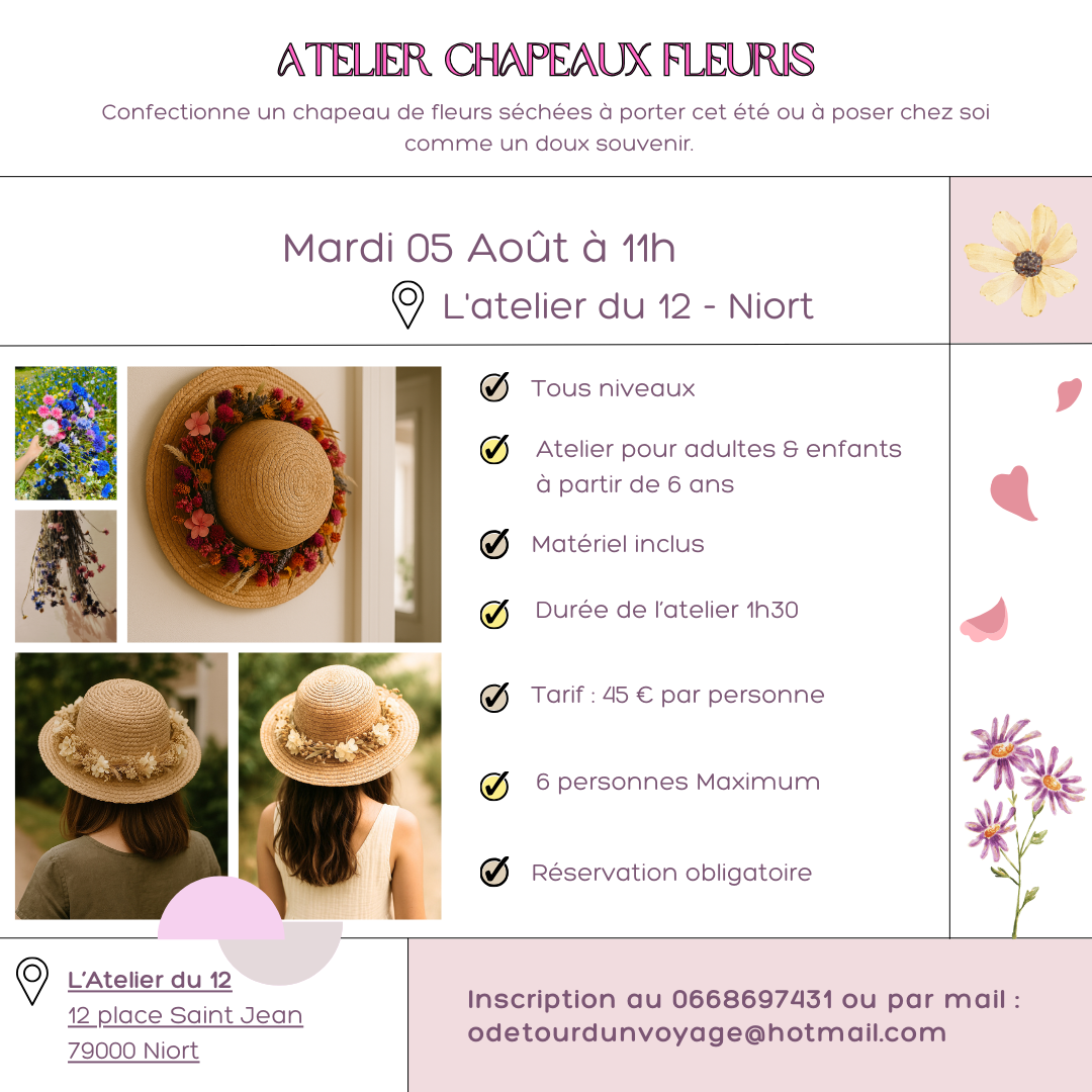 chapeau fleuri, ferme florale, fleurs séchées, atelier floral, atelier créatif vienne, nouvelle aquitaine, workshop, retraite créative, bien-être, nouvelle aquitaine, EVJF