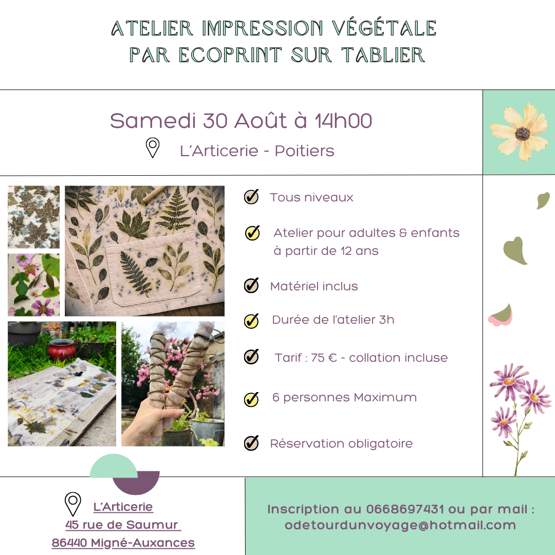 Atelier ecoprint poitiers, nouvelle aquitaine, impression végétale, odetourdunvoyage