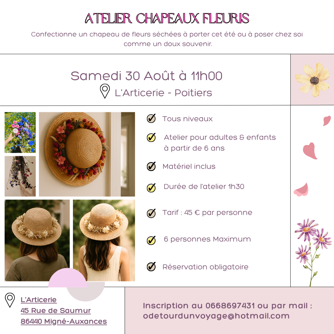 Atelier floral, chapeau fleuri, fleurs séchées, poitiers, nouvelle aquitaine, odetourdunvoyage