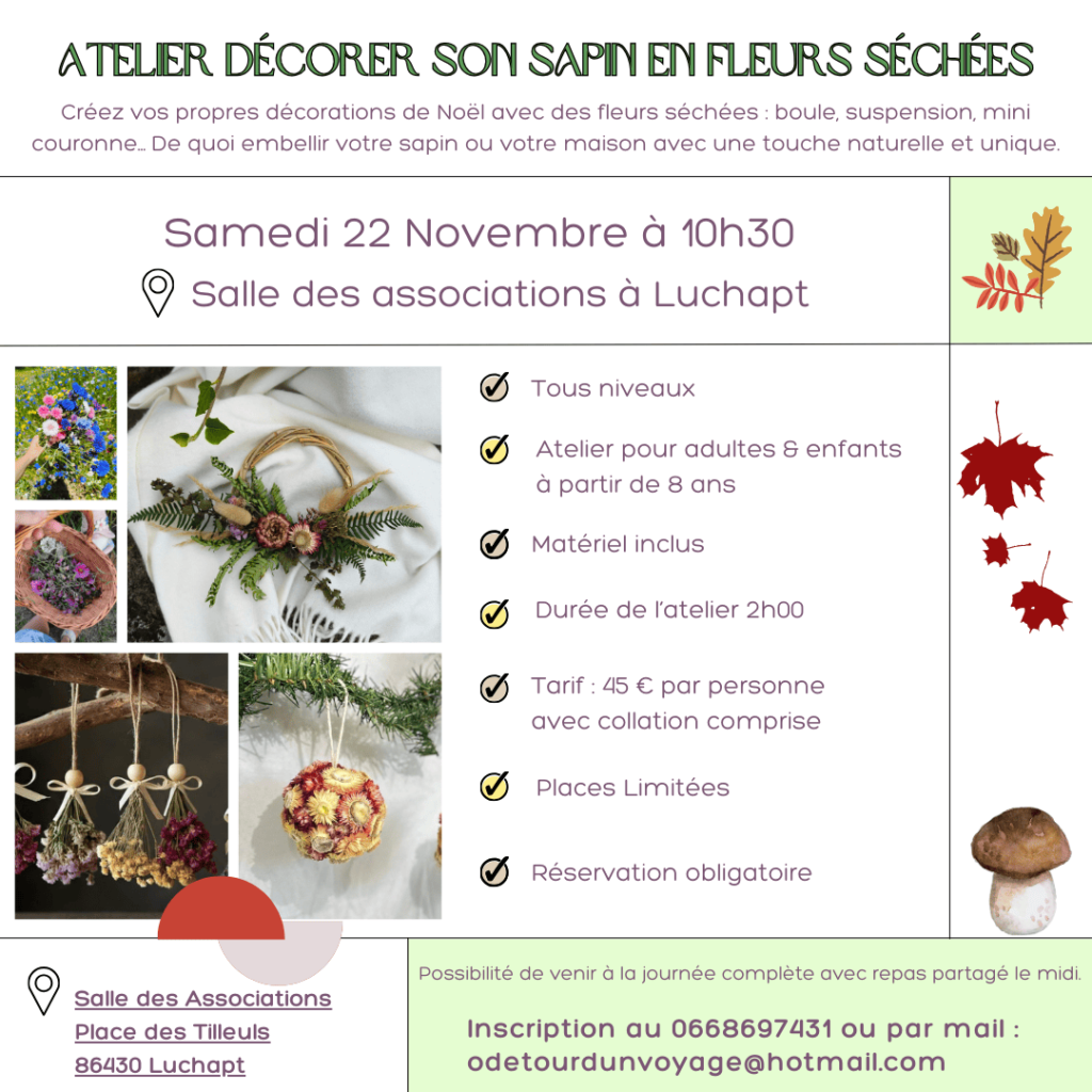 Ateliers créatifs, vienne, 86, nouvelle aquitaine, wokshop, DIY, EVJF, Noël, Automne, retraite créative, Luchapt, fleurs séchées, ferme floral, décoration de noel