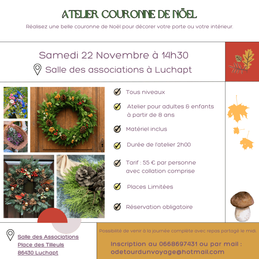 Ateliers créatifs, vienne, 86, nouvelle aquitaine, wokshop, DIY, EVJF, Noël, Automne, retraite créative, Luchapt, fleurs séchées, ferme floral, décoration de noel, couronne de noel