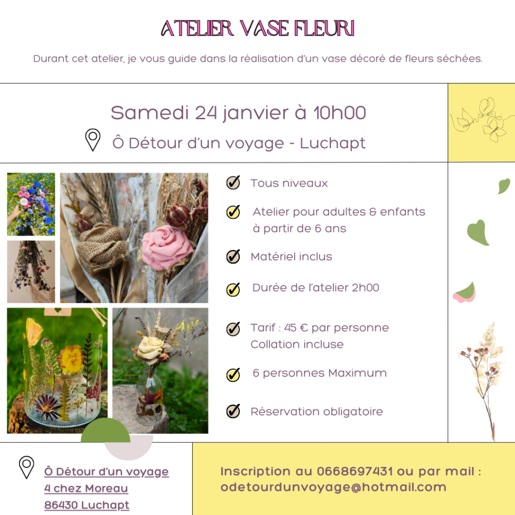 Ateliers créatifs, fleurs sévchées, vase fleuri, luchapt