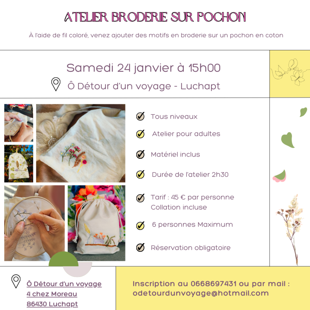 Ateliers créatifs, broderie, pochon, luchapt