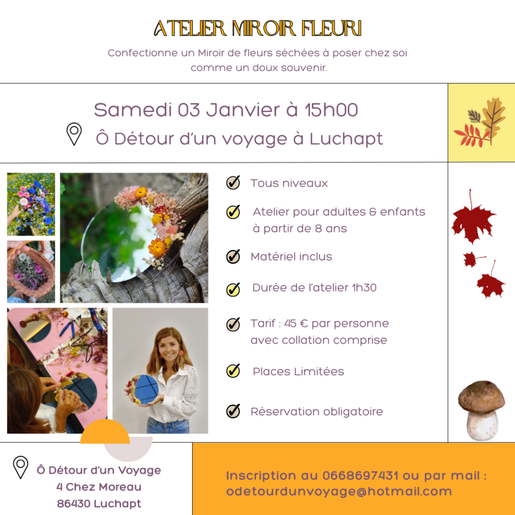 miroir fleuri, fleurs séchées, décoration d'intérieur, ateliers créatifs
