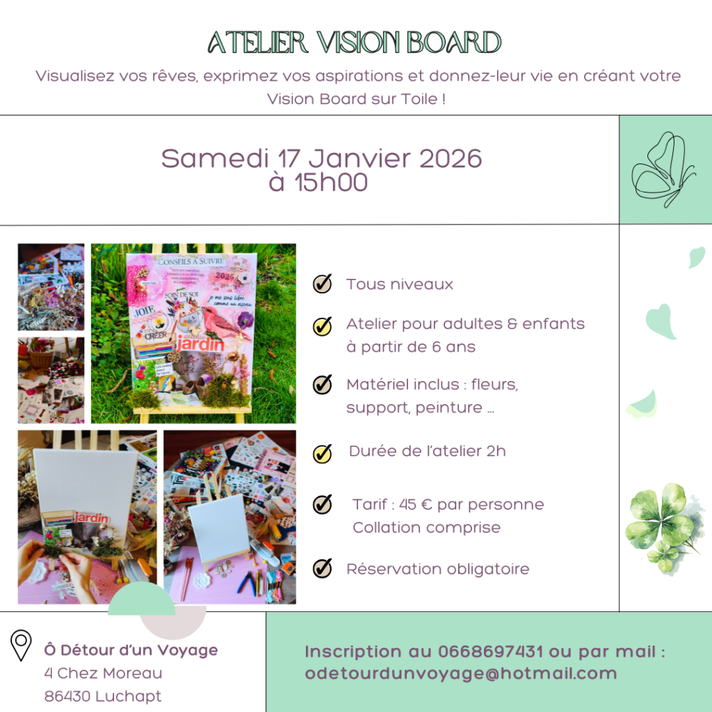 Ateliers créatifs, vision board, bien être, luchapt
